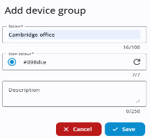 Add device group dialog. Includes fields for Name (with "Cambridge office" entered), Icon colour (set to #098dce with a refresh icon to change it), and an optional Description field. Each field shows a character count. At the bottom are two buttons: a red Cancel button and a blue Save button.